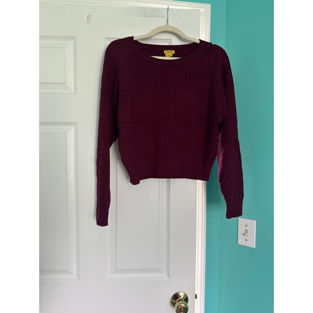 Daisy Burgundy Cable Knit Sweater Womens Large Maroon Long Sleeve Crew Neck